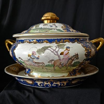 Sale Photo Thumbnail #250: Blue and gold large bowl and tureen with lid, gold leaf details, very old hand-ptained set with dogs and pastoral motifs