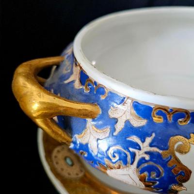 Sale Photo Thumbnail #244: Blue and gold large bowl and tureen with lid, gold leaf details, very old hand-ptained set with dogs and pastoral motifs