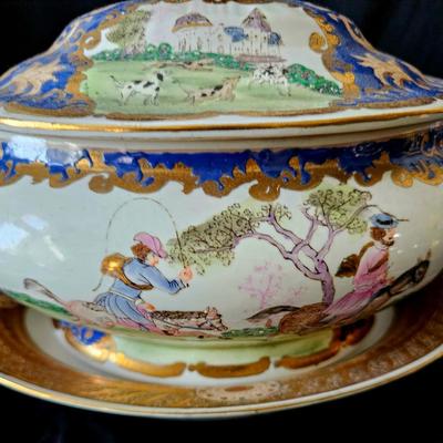 Sale Photo Thumbnail #251: Blue and gold large bowl and tureen with lid, gold leaf details, very old hand-ptained set with dogs and pastoral motifs