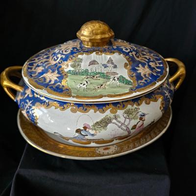 Sale Photo Thumbnail #245: Blue and gold large bowl and tureen with lid, gold leaf details, very old hand-ptained set with dogs and pastoral motifs