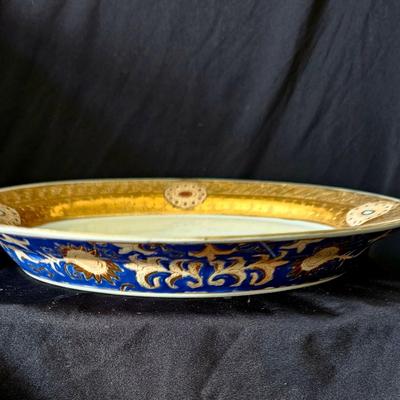 Sale Photo Thumbnail #252: Blue and gold large bowl and tureen with lid, gold leaf details, very old hand-ptained set with dogs and pastoral motifs