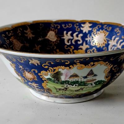Sale Photo Thumbnail #235: Blue and gold large bowl and tureen with lid, gold leaf details, very old hand-ptained set with dogs and pastoral motifs