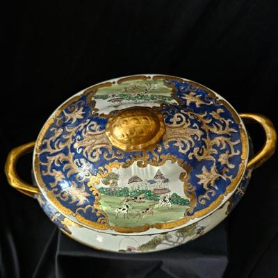 Sale Photo Thumbnail #247: Blue and gold large bowl and tureen with lid, gold leaf details, very old hand-ptained set with dogs and pastoral motifs