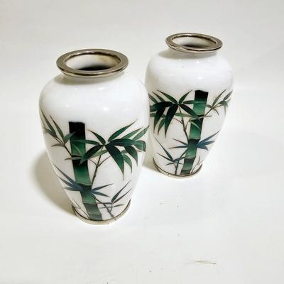 Vintage set of Bamboo Design White Japanese Cloisonne Enamel Vases