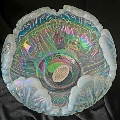 Fenton Lotus Rose Bowl in iridescent french opalescent look, see stickers