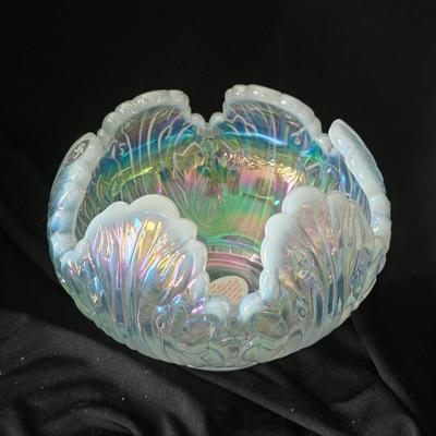 Fenton Lotus Rose Bowl in iridescent french opalescent look, see stickers
