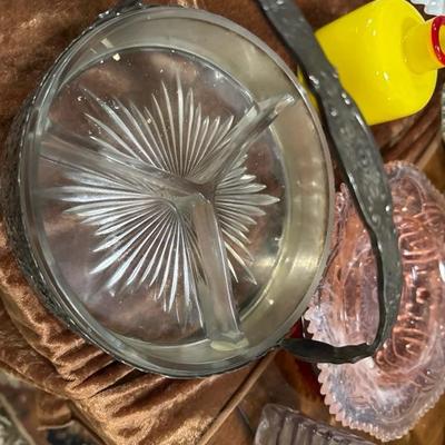 Sale Photo Thumbnail #544: Silver Plate Repousse Relish or Candy Nut Dish Divided Glass Insert for condiments or pickles has Dutch themed in silver plate with three section glass insert