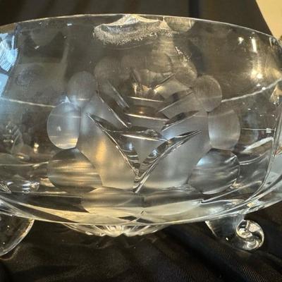 Sale Photo Thumbnail #558: German or potentially Bohemian lead crystal with no sticker or signature, cut and etched crystal bowl serves as a large centerpiece. Has an occluded edge see photos. Large centerpiece would be perfect for fruit, candies, flowers, weddings 
