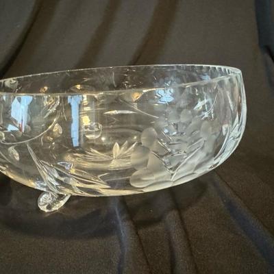 Vintage German Hand Cut Crystal, 3 Leg Bowl With Etched Floral Pattern