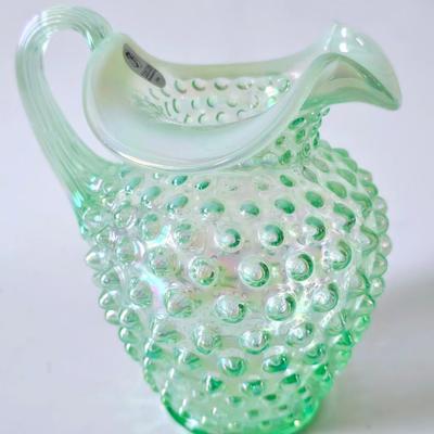 Green iridescent hobnail handled jug table decor Fenton glass with sticker, sauces sized for table decor
