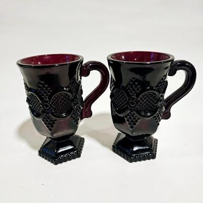 Sale Photo Thumbnail #594: Collectable pedestal Avon dark red Mugs set of 6 with some boxes - cranberry cape cod 1888 style made as a reproduction style by Avon in the late 1900s (1970s) for the collector market