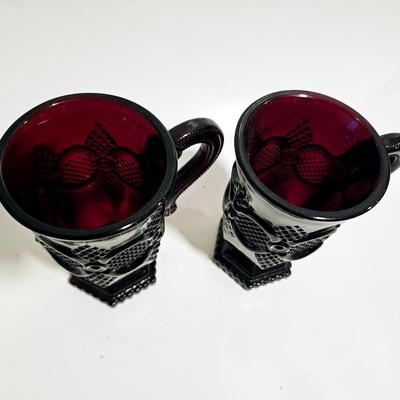 Sale Photo Thumbnail #595: Collectable pedestal Avon dark red Mugs set of 6 with some boxes - cranberry cape cod 1888 style made as a reproduction style by Avon in the late 1900s (1970s) for the collector market