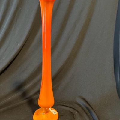 Sale Photo Thumbnail #799: 
Tall and thin flame orange, with red detail, colored glass vase, highly collectible, and sought after rare color 