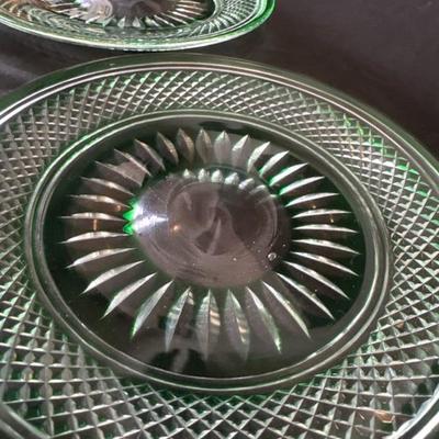 Cut crystal plates (2) heavy leaded green glass Bohemian style,