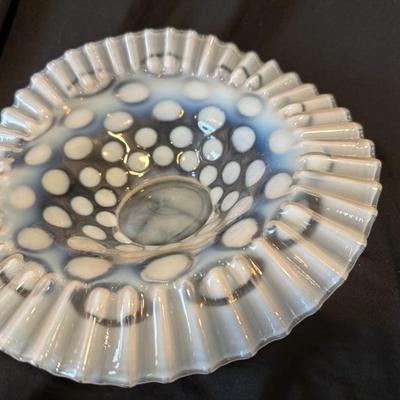 Sale Photo Thumbnail #807: This beautiful scalloped bowl is roughly 9 to 10 inches depending on where you measure it and features the iconic coin dot pattern with a ruffled edge in immaculate condition. There is no stamp or other signature on this vintage piece.