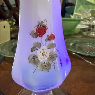 Original hand painted Fenton vase signed by Lisa W strawberry on white glass vase