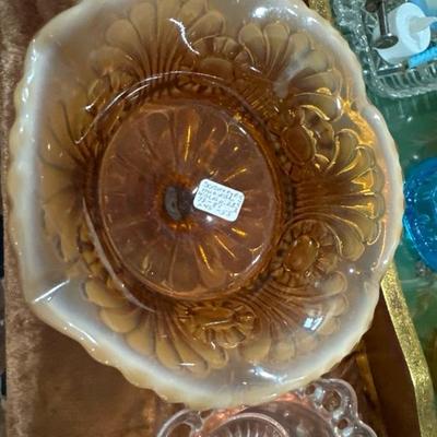 Sale Photo Thumbnail #852: This 1950s vintage Fenton cameo light brown colored glass compote with a beautiful scrolling fan on the sides is 5 inches tall and almost the same wide. This comfort dish is also considered a nut dish.