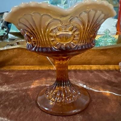 Sale Photo Thumbnail #851: This 1950s vintage Fenton cameo light brown colored glass compote with a beautiful scrolling fan on the sides is 5 inches tall and almost the same wide. This comfort dish is also considered a nut dish.