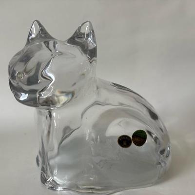 Sale Photo Thumbnail #867: This Bohemian Crystal cat bank stands just shy of 7 inches tall and is 7 1/2 inches long. It has an open a bowl plastic base and serves as a bank for saving your money. ï¿¼Used only once for a fundraiser.
ï¿¼
Vintage stickers look to be from the lat