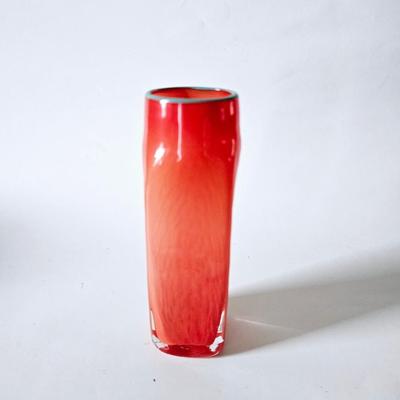 Sale Photo Thumbnail #878: A pop of color, very unique and beautiful orange vase stands approx 7 inches tall