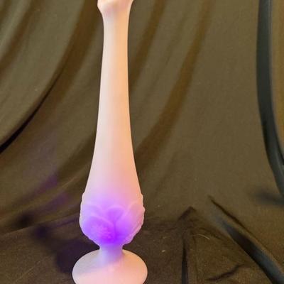 Sale Photo Thumbnail #888: Fenton art glass lavender light purple satin Raised Water Lilly bud vase. Fenton item number 8456 BA. Made in 1978 To 1982 Approximately 10â€ tall . No chips or cracks.