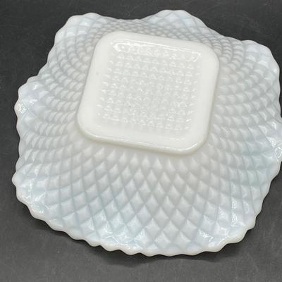 Vintage Hazel Atlas Milk Glass Ruffled Rim Diamond Pattern Dish