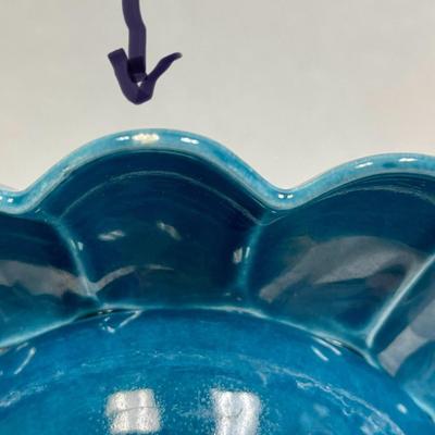 Vintage Ceramic Pottery Floral Frog Dish MCM Dark Turquoise Blue