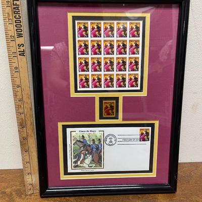USA postage stamps Cinco de MAYO 32 cent stamp display framed stamps, pin, and cancelled stamp
