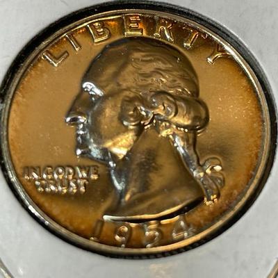 1954-P PROOF LIGHTLY TONED WASHINGTON SILVER QUARTER AS PICTURED.