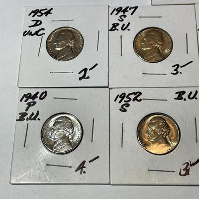 LOT OF 9 BRILLIANT UNCIRCULATED JEFFERSON NICKELS AS PICTURED.