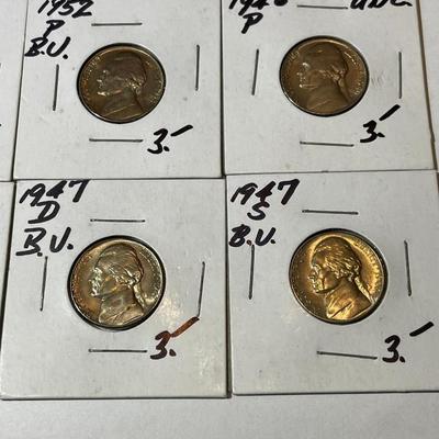 LOT OF 9 BRILLIANT UNCIRCULATED JEFFERSON NICKELS AS PICTURED.