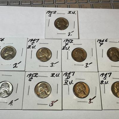 LOT OF 9 BRILLIANT UNCIRCULATED JEFFERSON NICKELS AS PICTURED.