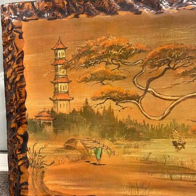 Large Painting on Wood Panel Japanese Landscape Modern Asian