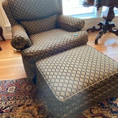 Brown and Black Quatrefoil Chair and Ottoman