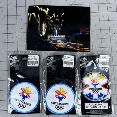 OLYMPIC Memorabilia from 2002 Olympics Postcard and (3) Patches 
