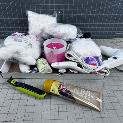 Bathroom Tray: Mixed Lot Dryer, Lotion, Candle ETC.