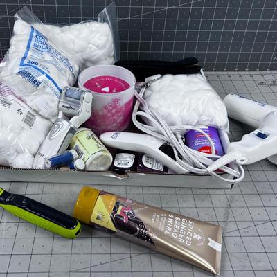 Bathroom Tray: Mixed Lot Dryer, Lotion, Candle ETC.