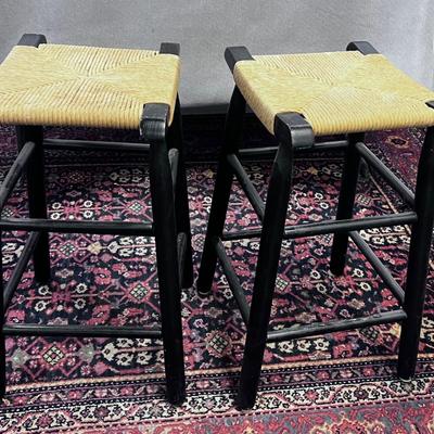 Pair of Bar Stools;  Rush Seat, Black