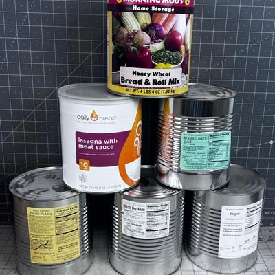 (6) No. 10 Can FOOD STORAGE Sugar, Bean, Oats, Lasagna, Bread Mix. 