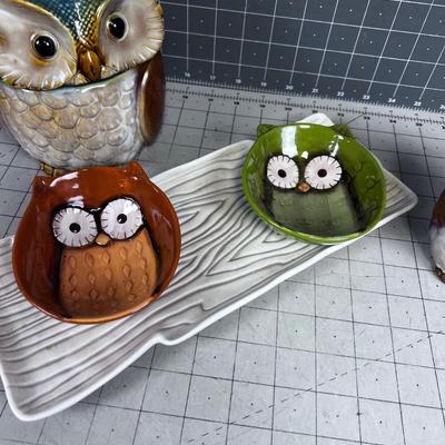 CUTE! Lot of Owls; Serving tray and Dip tray, Cup, Lidded Hidey Owl. 