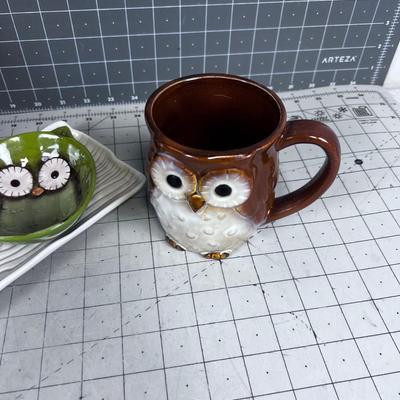 CUTE! Lot of Owls; Serving tray and Dip tray, Cup, Lidded Hidey Owl. 