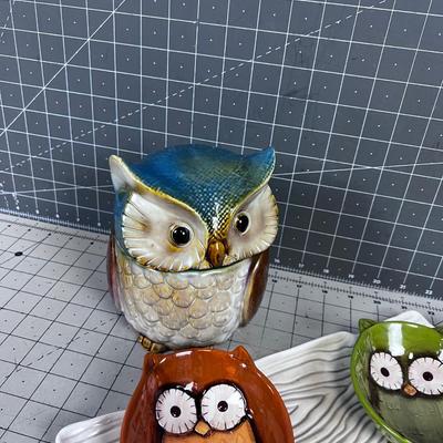 CUTE! Lot of Owls; Serving tray and Dip tray, Cup, Lidded Hidey Owl. 