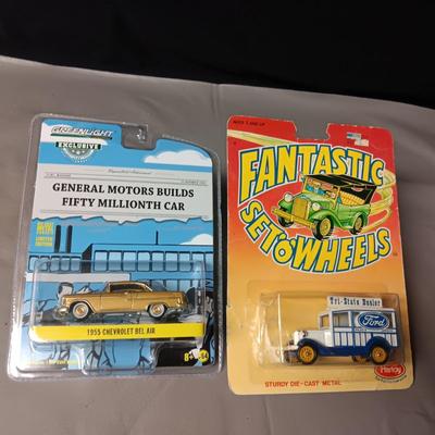 2 NIB 1955 CHEVROLET BEL AIR AND A FORD TRI-STATE DEALER WAGON TOYS