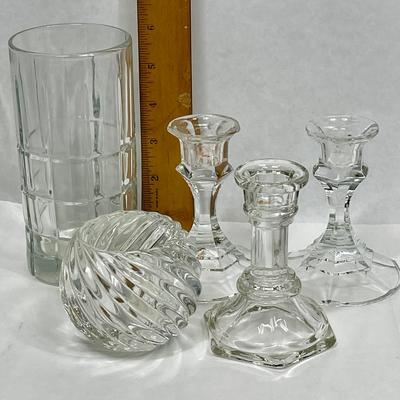 Pressed Glass Lot: Tumbler, Candlesticks, and Tea Light Holder