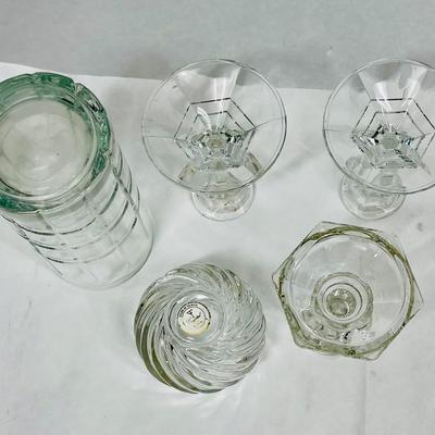 Pressed Glass Lot: Tumbler, Candlesticks, and Tea Light Holder