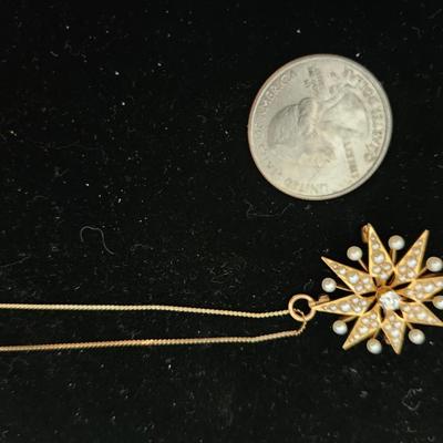 Victorian Starburst Pearl & Diamond pendant/brooch 14K