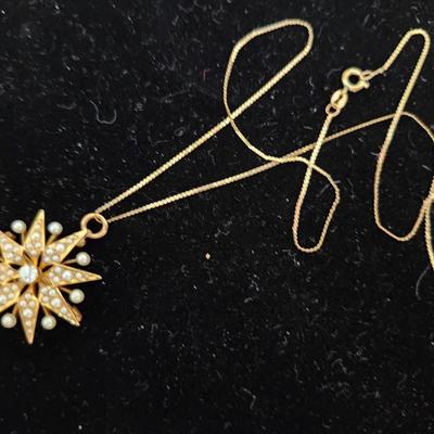 Victorian Starburst Pearl & Diamond pendant/brooch 14K