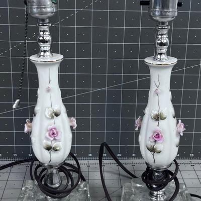 PAIR of Ceramic Rose Vintage Lamps