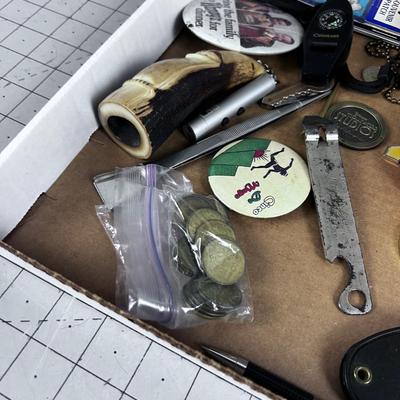Stuff Lot: Leathers, Tokens, Lighter, Whistle, Flask ETC.