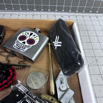 Stuff Lot: Leathers, Tokens, Lighter, Whistle, Flask ETC.